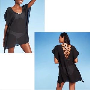 KONA SOL Boho Black Lattice Back Tassel Kaftan NWT, Coverup XL